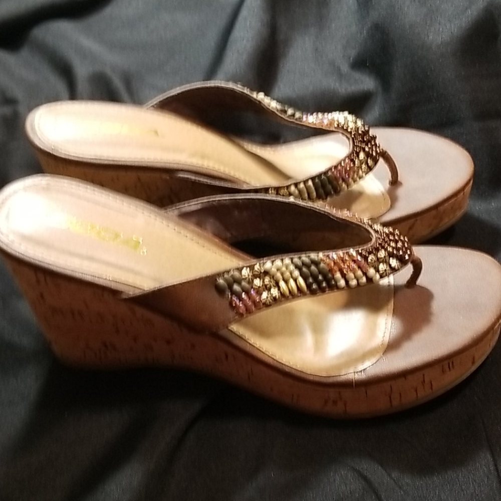 Soda Beaded Cork Wedge Sandals